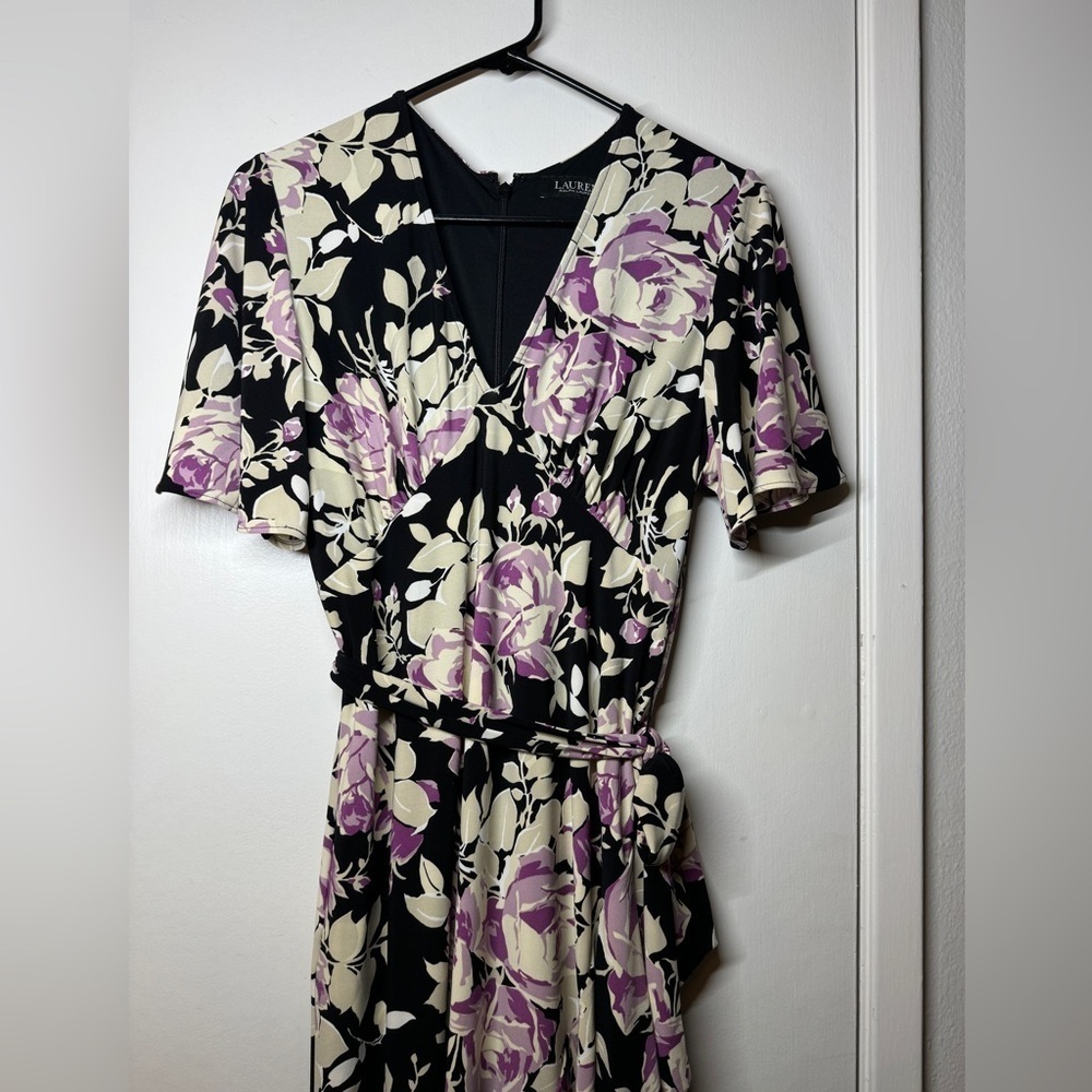 Lauren Ralph Lauren Floral Belted Faux Wrap Purple Cream Black Jersey Dress 4 - Picture 5 of 16